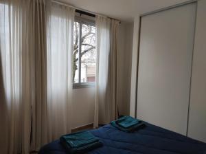 a bedroom with a blue bed and a window at Departamento Alquiler Temporal en Chascomús in Chascomús