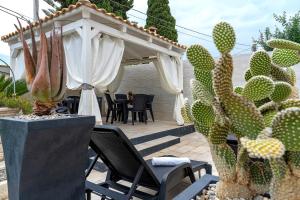 a patio with a table and chairs and a cactus at Villa Anny con idromassaggio in Avola