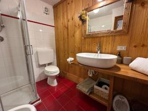 a bathroom with a sink and a toilet and a mirror at Baita Meyen - Val Ferret in Courmayeur +35 photos