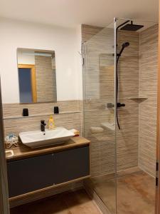 a bathroom with a sink and a shower at Loggia in Stockach +16 photos