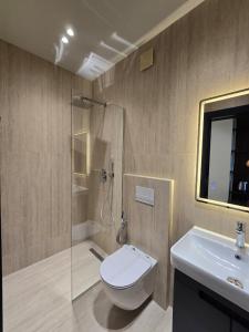 a bathroom with a toilet and a shower and a sink at SOLs Center Rooms in Tirana +45 photos
