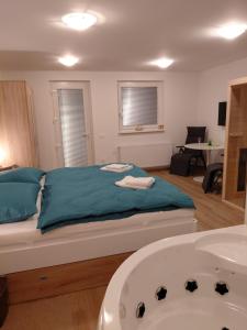 a bedroom with a bed and a tub and a sink at Apartment and Studios Jelovca & Wellness in Radovljica
