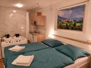 a bedroom with a bed and a bath tub at Apartment and Studios Jelovca & Wellness in Radovljica +133 photos
