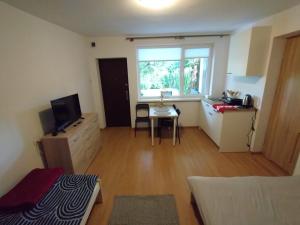 a room with a table and a kitchen with a window at Pokoje Gościnne u DORIS in Stegna