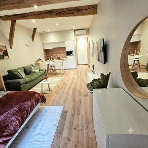 a living room with a green couch and a large mirror at Le 3Bis studio charmant proche Cap d'Agde in Bessan