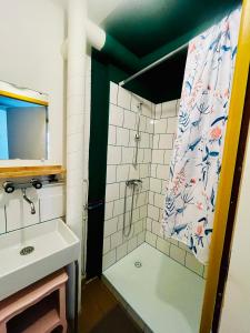 a bathroom with a shower and a sink at Oustal de Bourdeaux in Bourdeaux