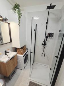 a bathroom with a shower and a sink at SilvaBlau Apartment Hévíz in Hévíz