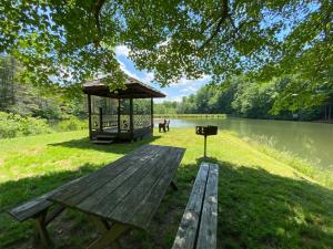 a picnic table with a gazebo next to a lake at Beary Blessed Cabin in Fleetwood