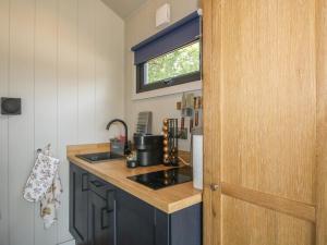 a tiny kitchen with a sink and a window at Leafy Oaks Cabin in Much Wenlock