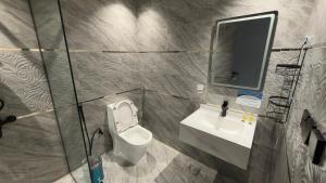a bathroom with a toilet and a sink and a mirror at Nuzul Nebras Al Madinah in Medina