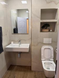 a bathroom with a sink and a toilet and a mirror at Resident park apartment in Plovdiv