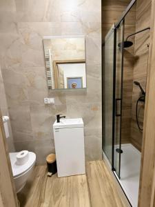 a bathroom with a toilet and a shower and a sink at Apartamenty na Witosa in Nowa Sól