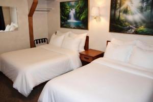 zwei Betten in einem Hotelzimmer mit weißer Bettwäsche in der Unterkunft Paddle Inn in Ely