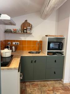 a kitchen with a sink and a microwave at Le Son des Violons in Sallèles-dʼAude