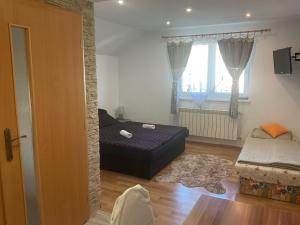 a living room with a bed and a window at Homestay Renata in Nová Lesná