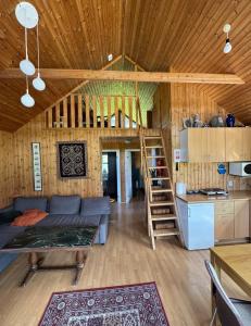 a living room with a blue couch and a kitchen at Olga Apartments in Grundarfjordur