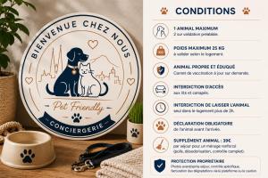 a sign for a dog friendly restaurant with a picture of a dog and a cat at Les chambres de Coudes N4,clim, proche A75 in Coudes