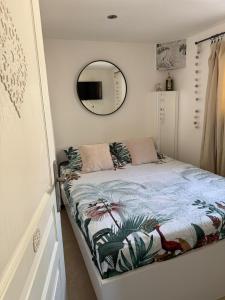 a bedroom with a bed with a mirror on the wall at Superbe T2 au rez-de-chaussée avec jardin in Arles