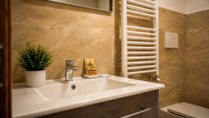 a white sink in a bathroom with a plant at la Pace camere con bagno nel centro storico di Stia in Stia