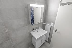a bathroom with a sink and a mirror at Appartement central et confortable in Crans-Montana +56 photos