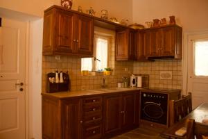 a kitchen with wooden cabinets and a sink at Skalopetra in Pylos