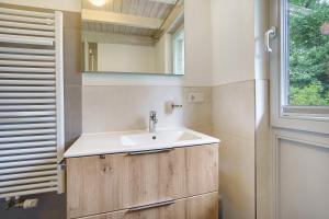 a bathroom with a sink and a mirror at Haus E 1 in Röbel +23 photos