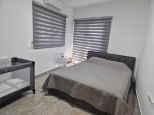 a bedroom with a bed and two windows with blinds at AK Appartment in Kato Pyrgos