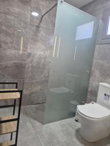 a bathroom with a toilet and a glass shower at AK Appartment in Kato Pyrgos +18 photos