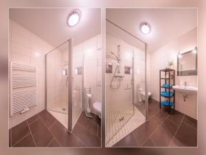 two pictures of a bathroom with a shower and a sink at Fewo Müritzfrische 2 in Waren