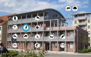 a building with clocks on the side of it at Hafendomicil Appartement WH12 - Specht in Waren