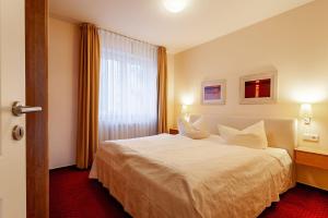 a hotel room with a bed and a window at Hafendomicil Appartement WH06 - Hase in Waren