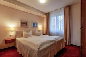a hotel room with a bed and a window at Hafendomicil Appartement WH07 - Fuchs in Waren