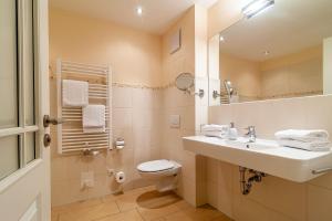 a bathroom with a sink and a toilet and a mirror at Hafendomicil Appartement WH07 - Fuchs in Waren