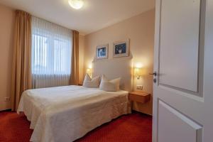 a hotel room with a bed and a window at Hafendomicil Appartement WH15 - Adler in Waren
