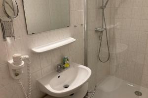a bathroom with a sink and a shower with a mirror at UG-Birke in Göhren-Lebbin