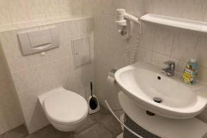 a white bathroom with a toilet and a sink at UG-Birke in Göhren-Lebbin