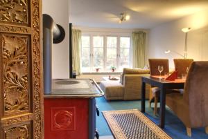 a living room with a wood stove in a room at Gästehaus Wildblume in Borgdorf-Seedorf