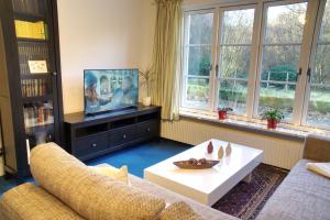 a living room with a couch and a tv and windows at Gästehaus Wildblume in Borgdorf-Seedorf