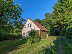 a white house with a red roof on a field at Groot Huus in Lärz