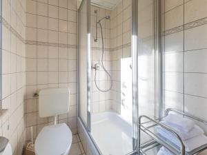 a bathroom with a shower and a toilet and a tub at Groot Huus in Lärz +14 photos