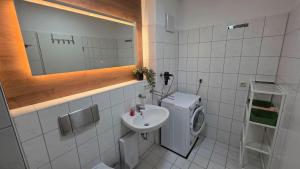 a bathroom with a sink and a toilet and a mirror at WarenERleben in Waren