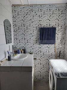 a bathroom with a sink and a washing machine at Résidence Al-amine in Koungou
