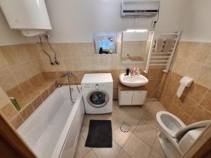 a bathroom with a sink and a washing machine at Levendula Porta in Balatonfůzfő +27 photos