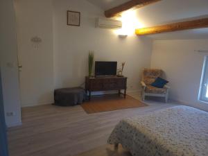 a bedroom with a bed and a tv and a chair at Au 3 bis in Caderousse