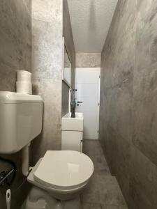 a bathroom with a white toilet and a sink at Center apartment in Gnjilane
