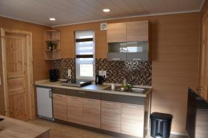 a kitchen with wooden walls and a sink and counters at Bungalow Seedorf 7 in Basedow