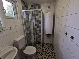 a small bathroom with a toilet and a sink at Bungalow Seedorf 8 in Basedow