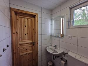 a bathroom with a sink and a wooden door at Bungalow Seedorf 8 in Basedow