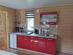 a kitchen with red cabinets and a sink at Bungalow Seedorf 8 in Basedow