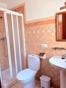 a bathroom with a toilet and a shower and a sink at Hotel Alandalus in Torrox